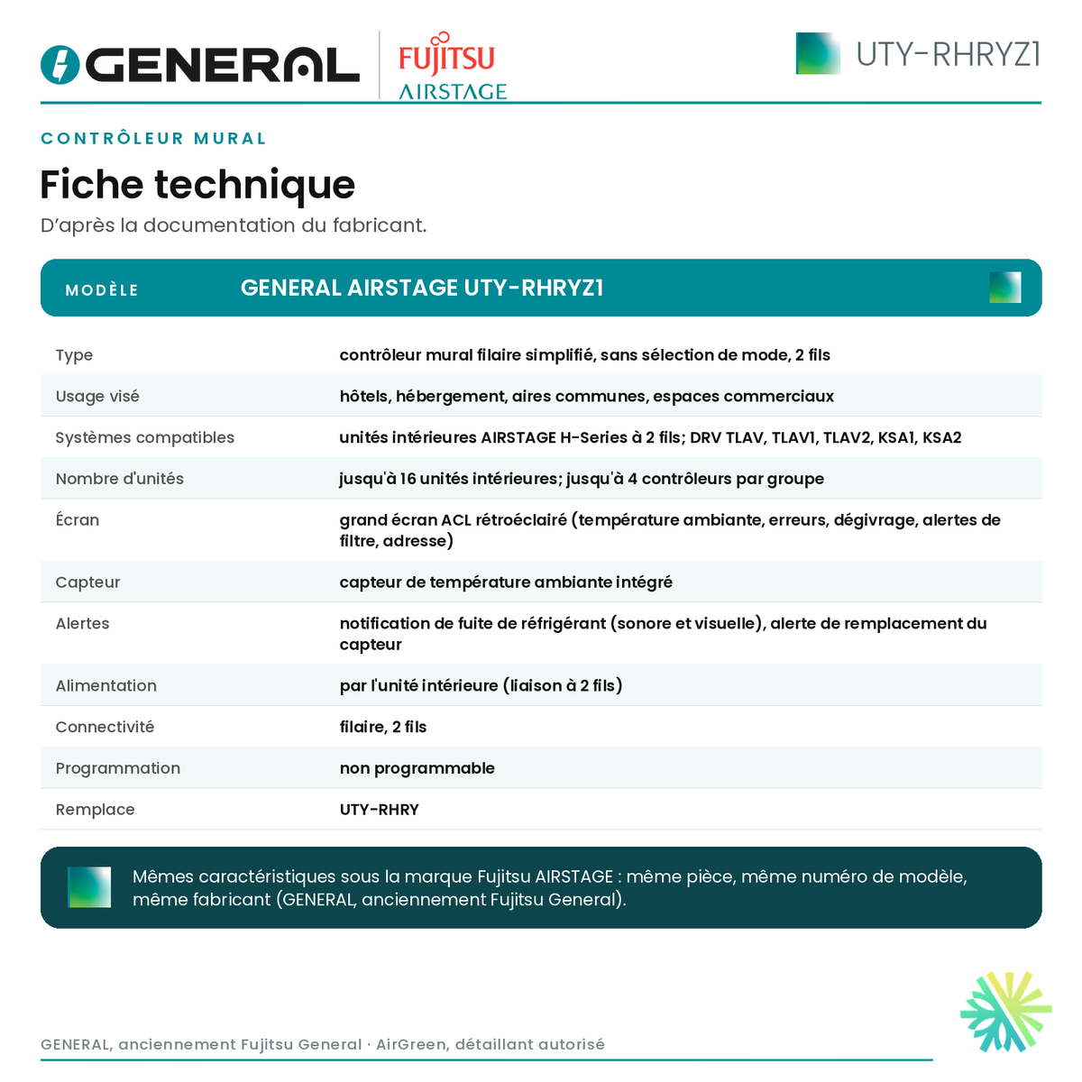 Contrôleur mural GENERAL AIRSTAGE UTY-RHRYZ1 – fiche technique | Montréal, Laval, Longueuil, Rive-Sud, Rive-Nord