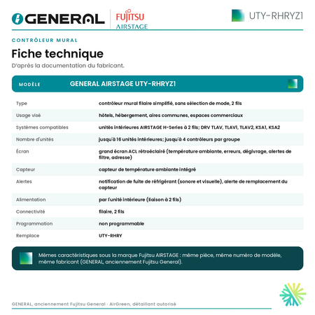 Contrôleur mural GENERAL AIRSTAGE UTY-RHRYZ1 – fiche technique | Montréal, Laval, Longueuil, Rive-Sud, Rive-Nord