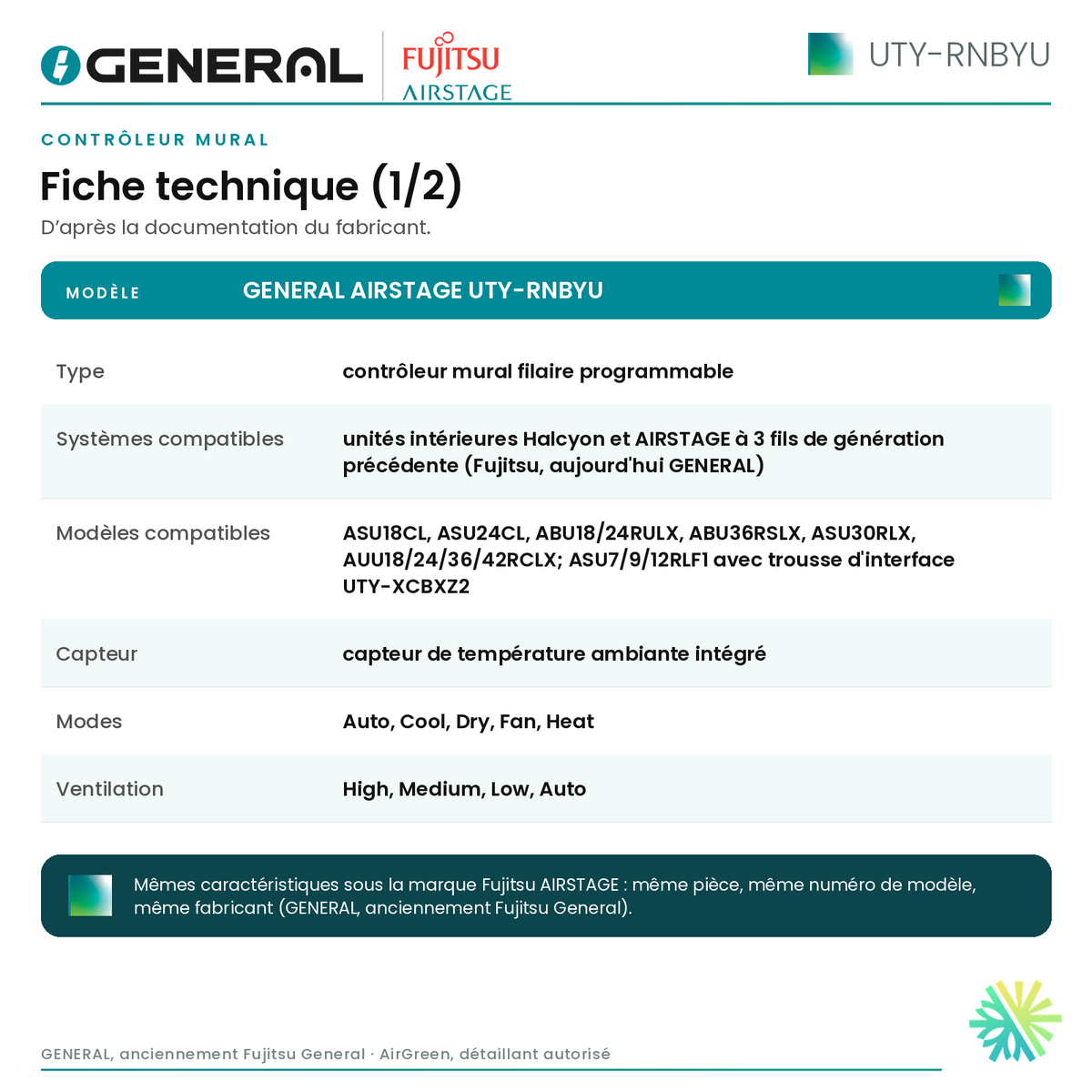 Contrôleur mural GENERAL AIRSTAGE UTY-RNBYU – fiche technique (1/2) | Montréal, Laval, Longueuil, Rive-Sud, Rive-Nord