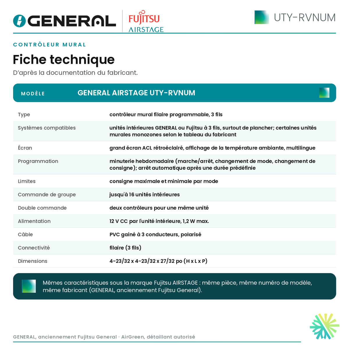 Contrôleur mural GENERAL AIRSTAGE UTY-RVNUM – fiche technique | Montréal, Laval, Longueuil, Rive-Sud, Rive-Nord