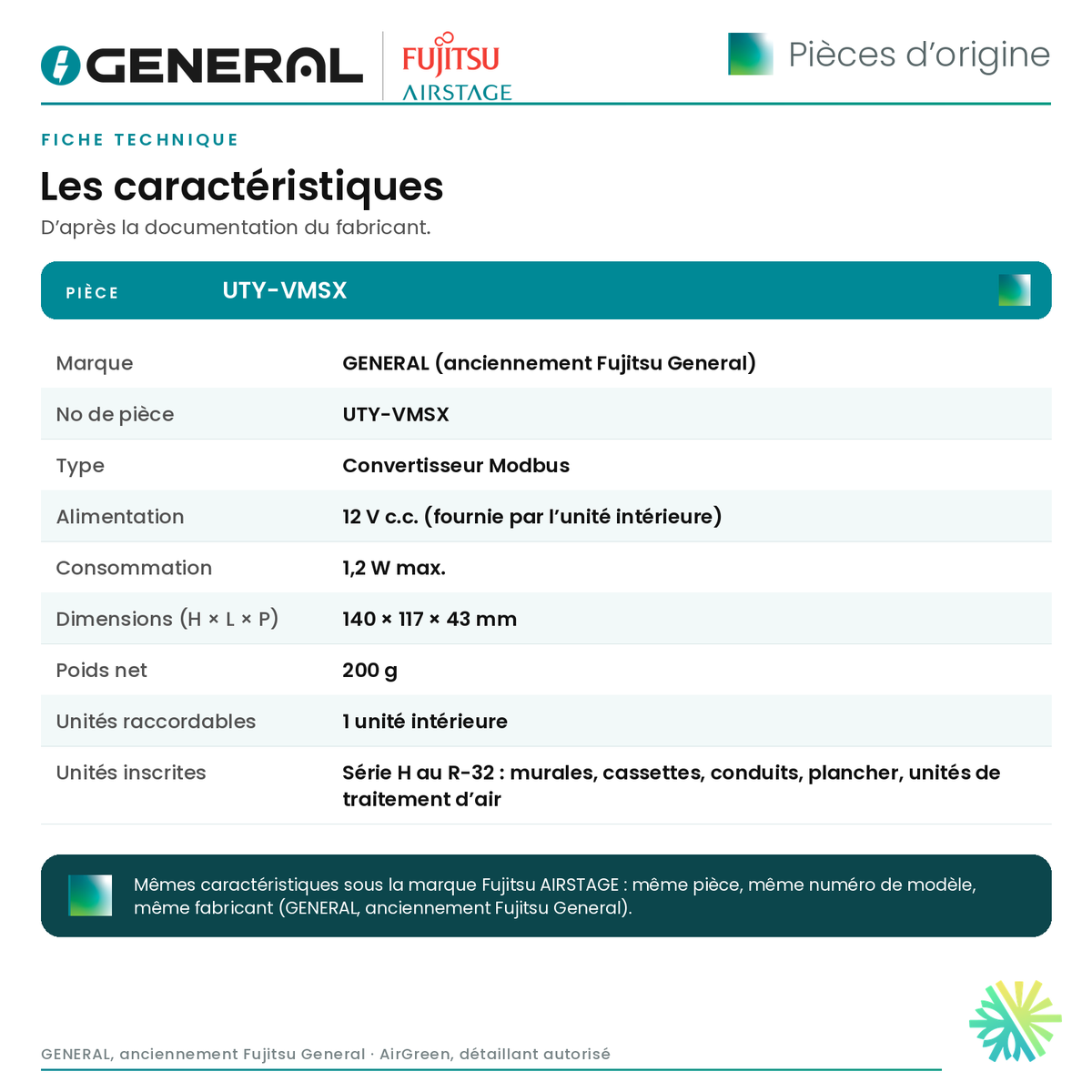 Convertisseur Modbus GENERAL AIRSTAGE UTY-VMSX – fiche technique | Montréal, Laval, Longueuil, Rive-Sud, Rive-Nord