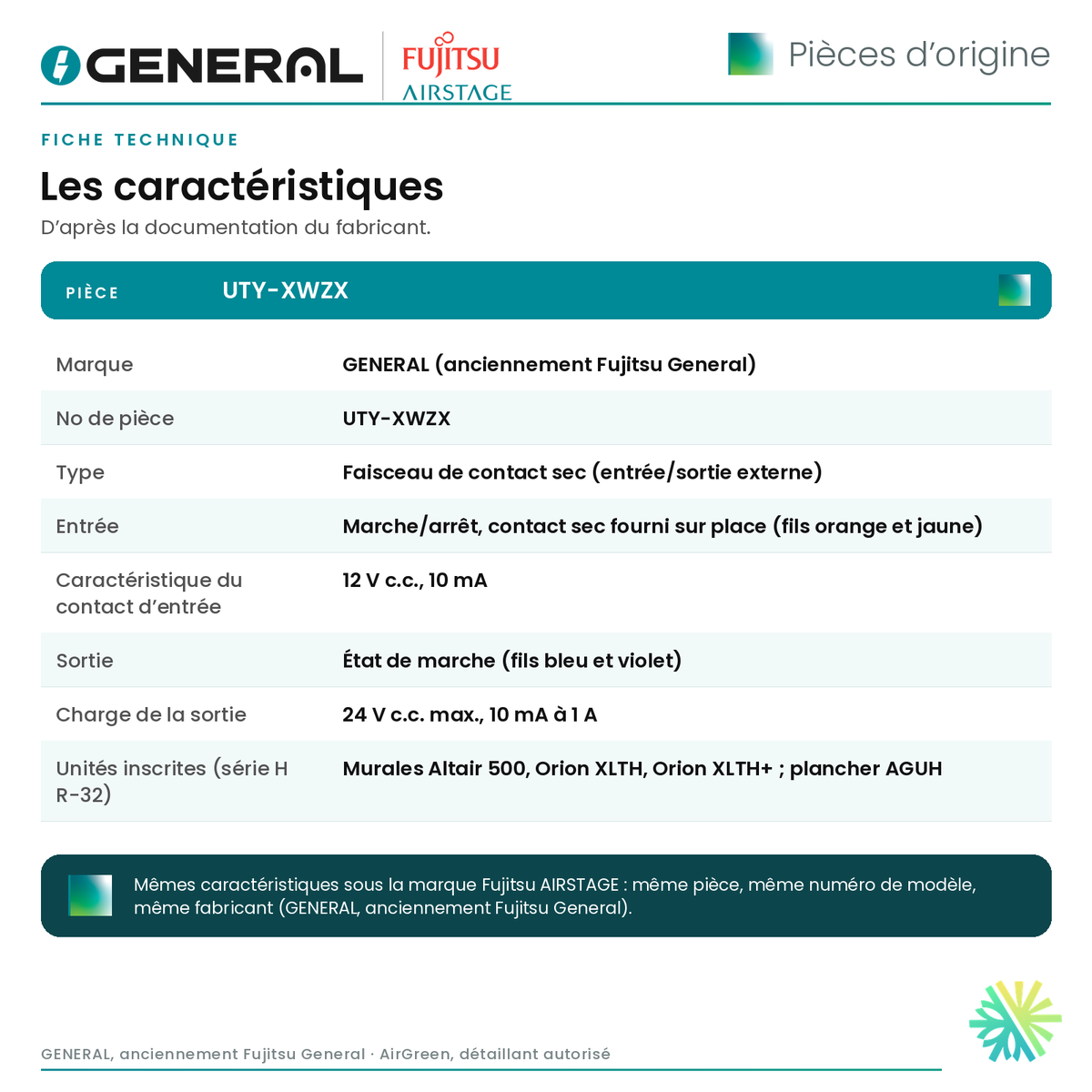 Ensemble de contact sec GENERAL AIRSTAGE UTY-XWZX (marche/arrêt et état de marche) – fiche technique | Montréal, Laval, Longueuil, Rive-Sud, Rive-Nord
