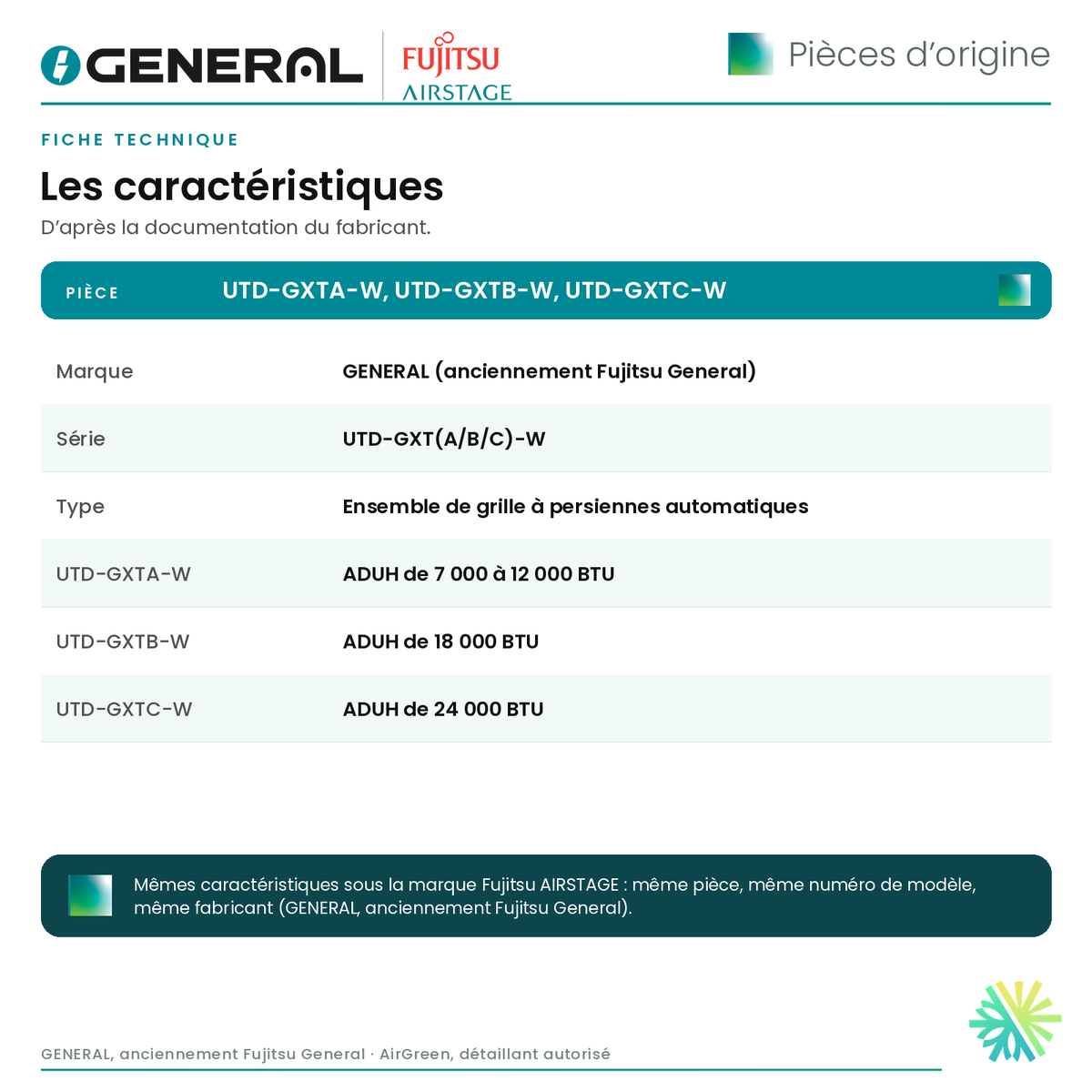 Ensemble de grille à persiennes automatiques GENERAL AIRSTAGE UTD-GXT(A/B/C)-W pour conduit mince ADUH – fiche technique | Montréal, Laval, Longueuil, Rive-Sud, Rive-Nord