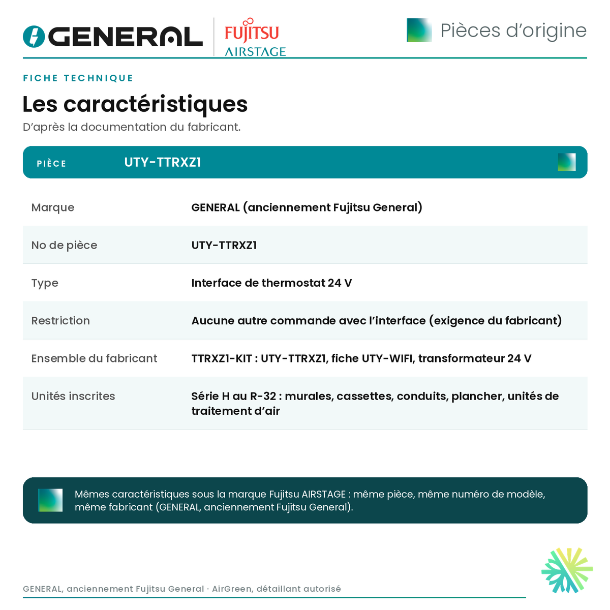 Interface de thermostat 24 V GENERAL AIRSTAGE – UTY-TTRXZ1 – fiche technique | Montréal, Laval, Longueuil, Rive-Sud, Rive-Nord