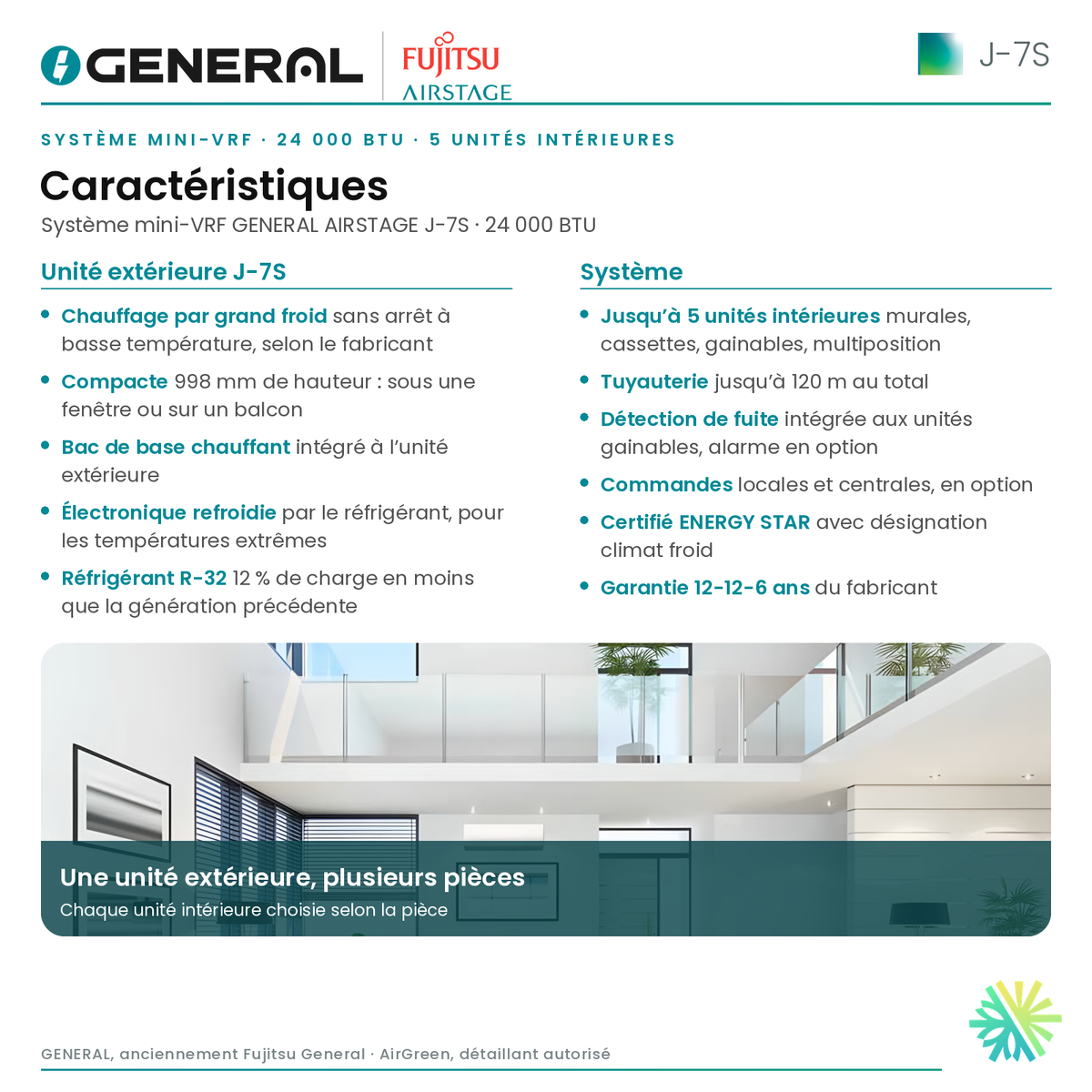 Système mini-VRF GENERAL AIRSTAGE J-7S 24 000 BTU, 5 unités intérieures – caractéristiques | Montréal, Laval, Longueuil, Rive-Sud, Rive-Nord