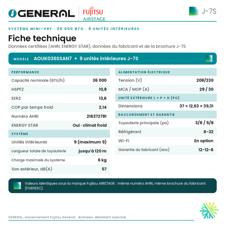 Système mini-VRF GENERAL AIRSTAGE J-7S 36 000 BTU, 9 unités intérieures – fiche technique | Montréal, Laval, Longueuil, Rive-Sud, Rive-Nord