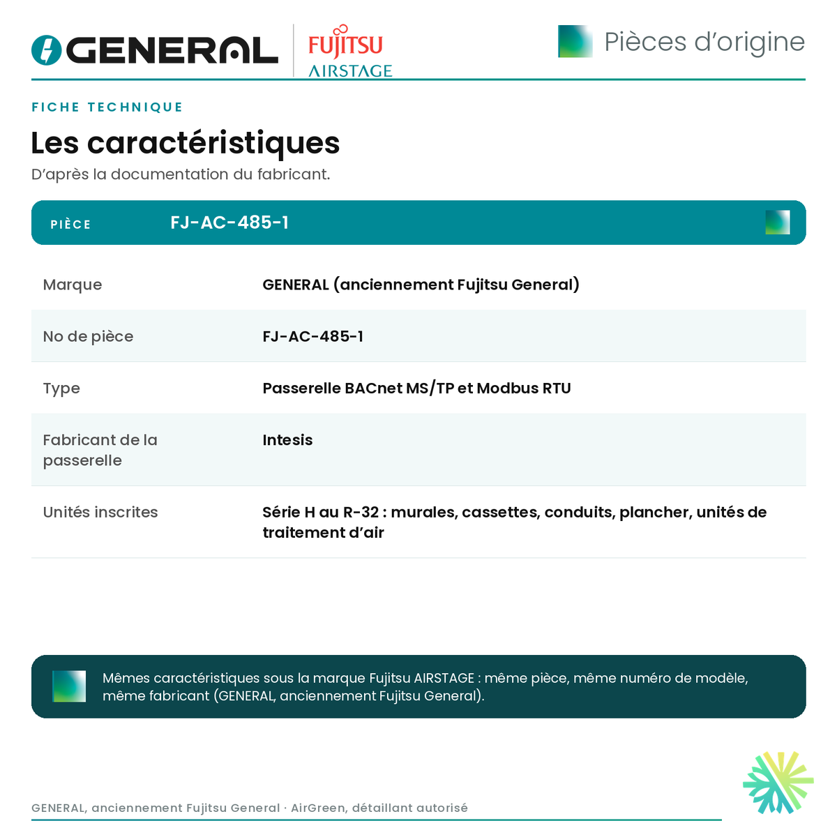 Module BACnet MS/TP GENERAL AIRSTAGE FJ-AC-485-1 (passerelle Intesis) – fiche technique | Montréal, Laval, Longueuil, Rive-Sud, Rive-Nord