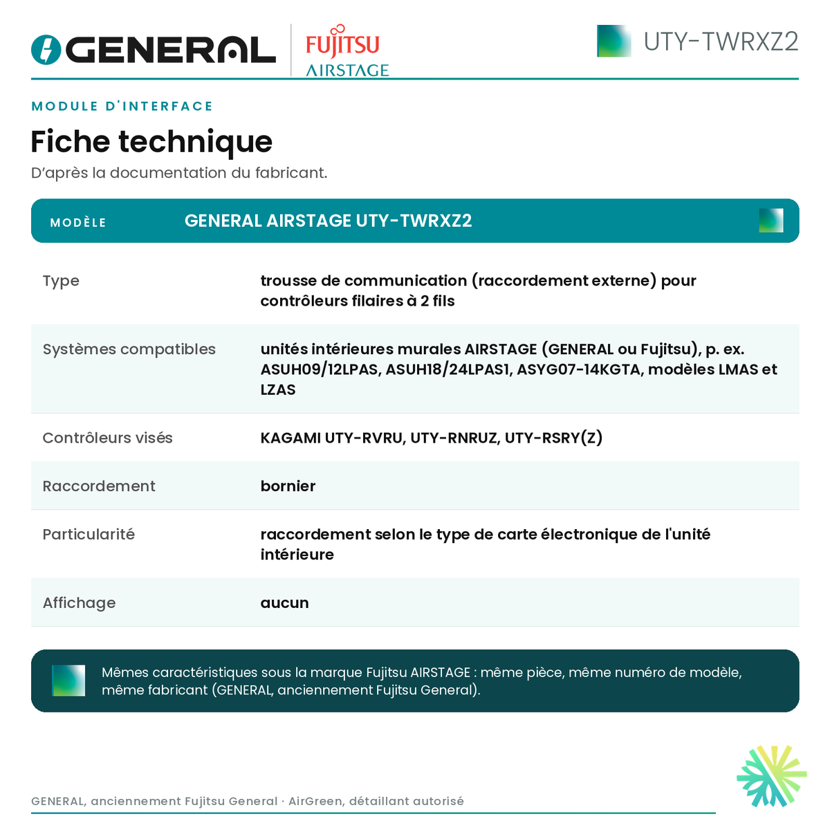 Module d'interface GENERAL AIRSTAGE UTY-TWRXZ2 – fiche technique | Montréal, Laval, Longueuil, Rive-Sud, Rive-Nord