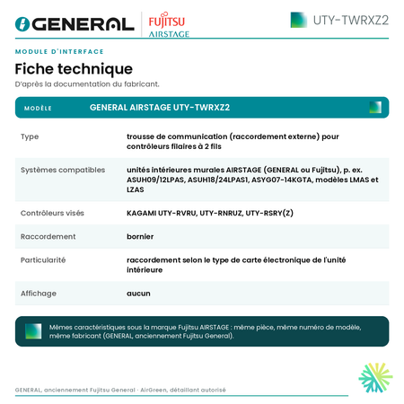 Module d'interface GENERAL AIRSTAGE UTY-TWRXZ2 – fiche technique | Montréal, Laval, Longueuil, Rive-Sud, Rive-Nord