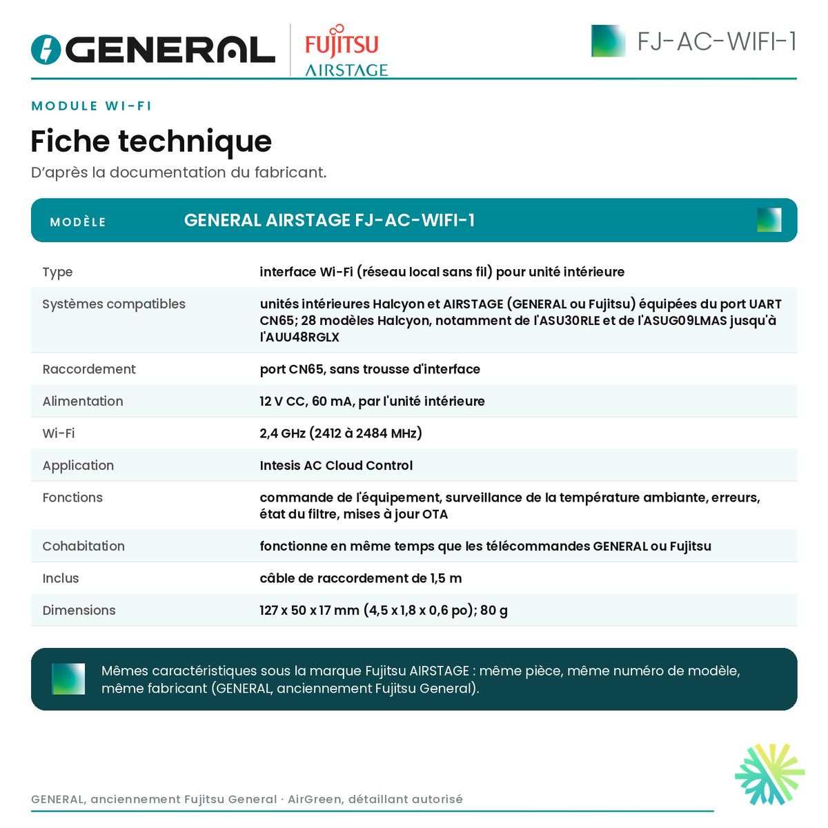 Module Wi-Fi GENERAL AIRSTAGE FJ-AC-WIFI-1 – fiche technique | Montréal, Laval, Longueuil, Rive-Sud, Rive-Nord