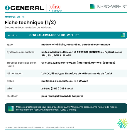 Module Wi-Fi GENERAL AIRSTAGE FJ-RC-WIFI-1BT – fiche technique (1/2) | Montréal, Laval, Longueuil, Rive-Sud, Rive-Nord