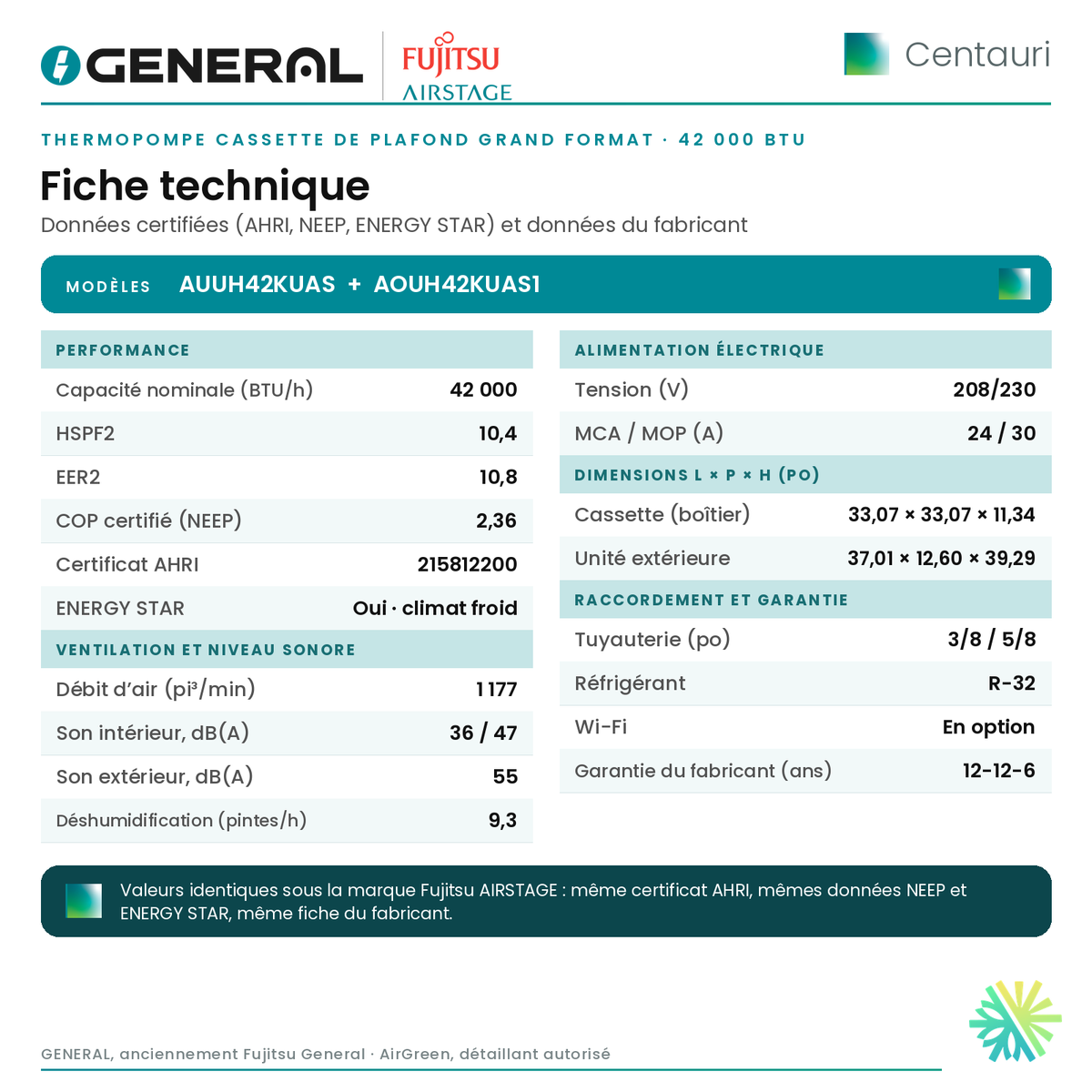 Thermopompe cassette de plafond grand format GENERAL AIRSTAGE Centauri 42 000 BTU – fiche technique | Montréal, Laval, Longueuil, Rive-Sud, Rive-Nord