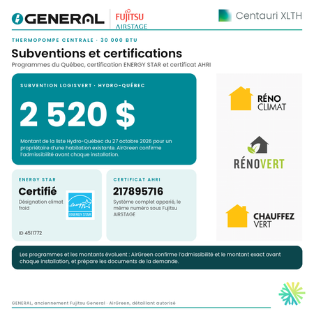 Thermopompe centrale GENERAL AIRSTAGE Centauri XLTH 30 000 BTU – subventions et certifications | Montréal, Laval, Longueuil, Rive-Sud, Rive-Nord