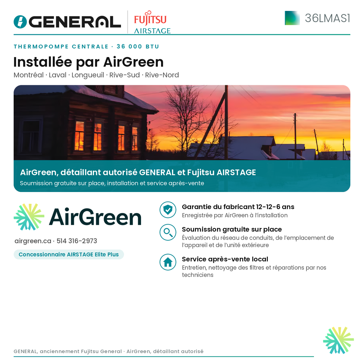 Thermopompe centrale GENERAL AIRSTAGE 36LMAS1 36 000 BTU – installée par AirGreen | Montréal, Laval, Longueuil, Rive-Sud, Rive-Nord