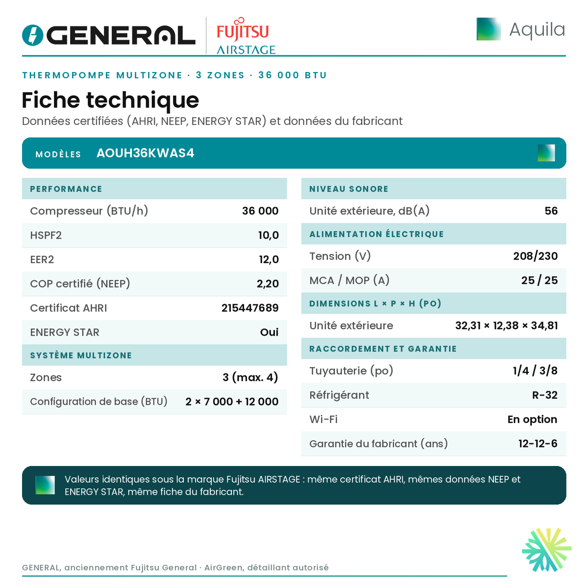 Thermopompe multizone GENERAL AIRSTAGE Aquila 3 zones 36 000 BTU – fiche technique | Montréal, Laval, Longueuil, Rive-Sud, Rive-Nord