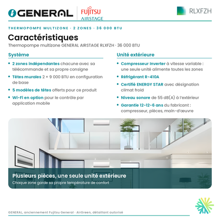 Thermopompe multizone GENERAL AIRSTAGE RLXFZH 2 zones 36 000 BTU – caractéristiques | Montréal, Laval, Longueuil, Rive-Sud, Rive-Nord