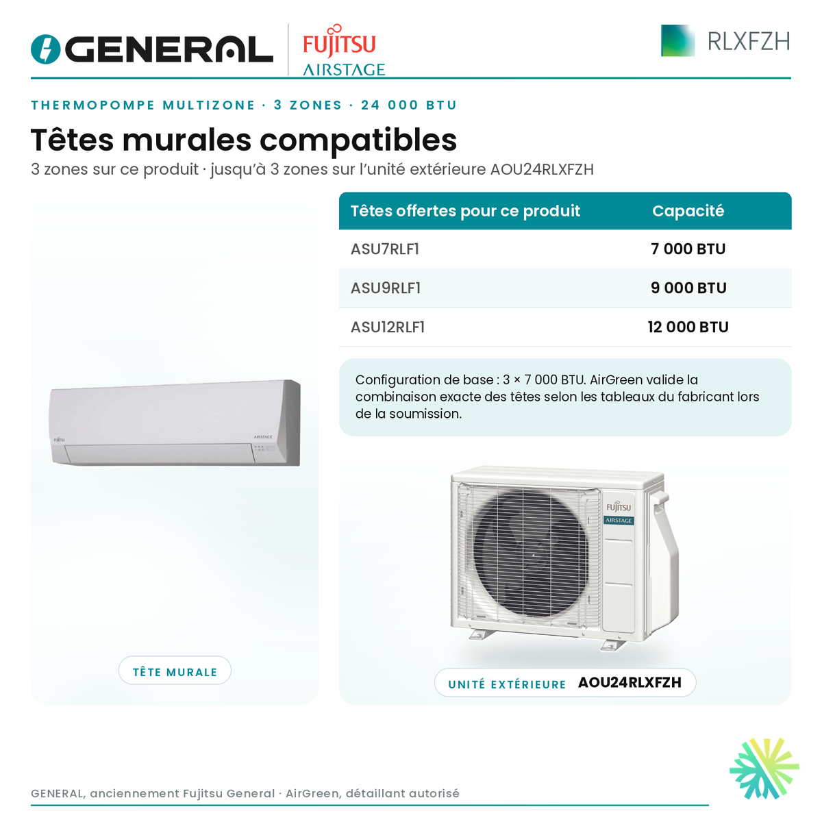 Thermopompe multizone GENERAL AIRSTAGE RLXFZH 3 zones 24 000 BTU – têtes murales compatibles | Montréal, Laval, Longueuil, Rive-Sud, Rive-Nord