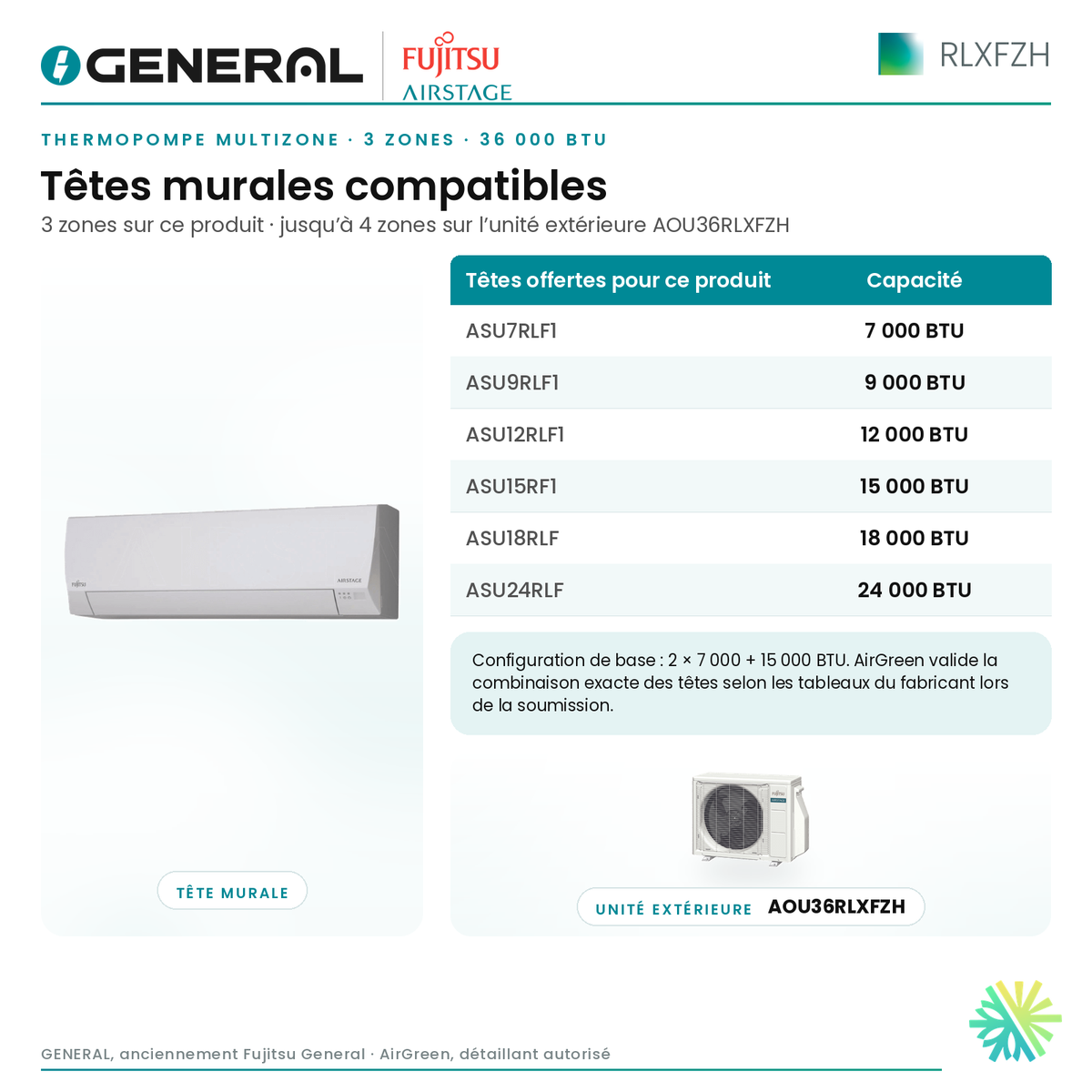 Thermopompe multizone GENERAL AIRSTAGE RLXFZH 3 zones 36 000 BTU – têtes murales compatibles | Montréal, Laval, Longueuil, Rive-Sud, Rive-Nord