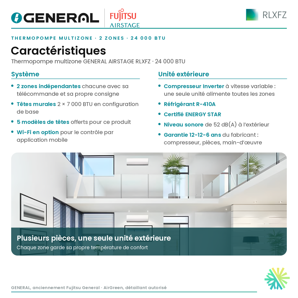 Thermopompe multizone GENERAL AIRSTAGE RLXFZ 2 zones 24 000 BTU – caractéristiques | Montréal, Laval, Longueuil, Rive-Sud, Rive-Nord