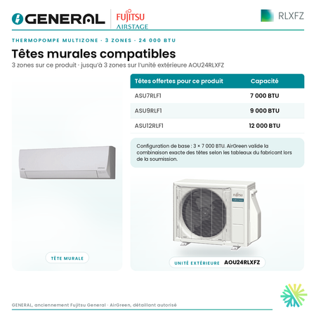 Thermopompe multizone GENERAL AIRSTAGE RLXFZ 3 zones 24 000 BTU – têtes murales compatibles | Montréal, Laval, Longueuil, Rive-Sud, Rive-Nord