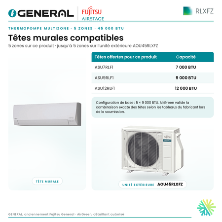Thermopompe multizone GENERAL AIRSTAGE RLXFZ 5 zones 45 000 BTU – têtes murales compatibles | Montréal, Laval, Longueuil, Rive-Sud, Rive-Nord