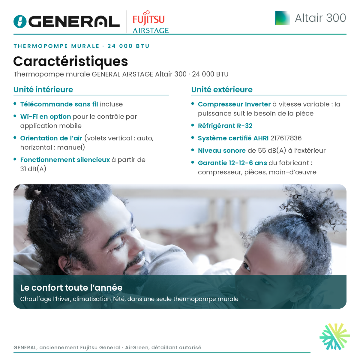 Thermopompe murale GENERAL AIRSTAGE ALTAIR 300 24 000 BTU – caractéristiques | Montréal, Laval, Longueuil, Rive-Sud, Rive-Nord