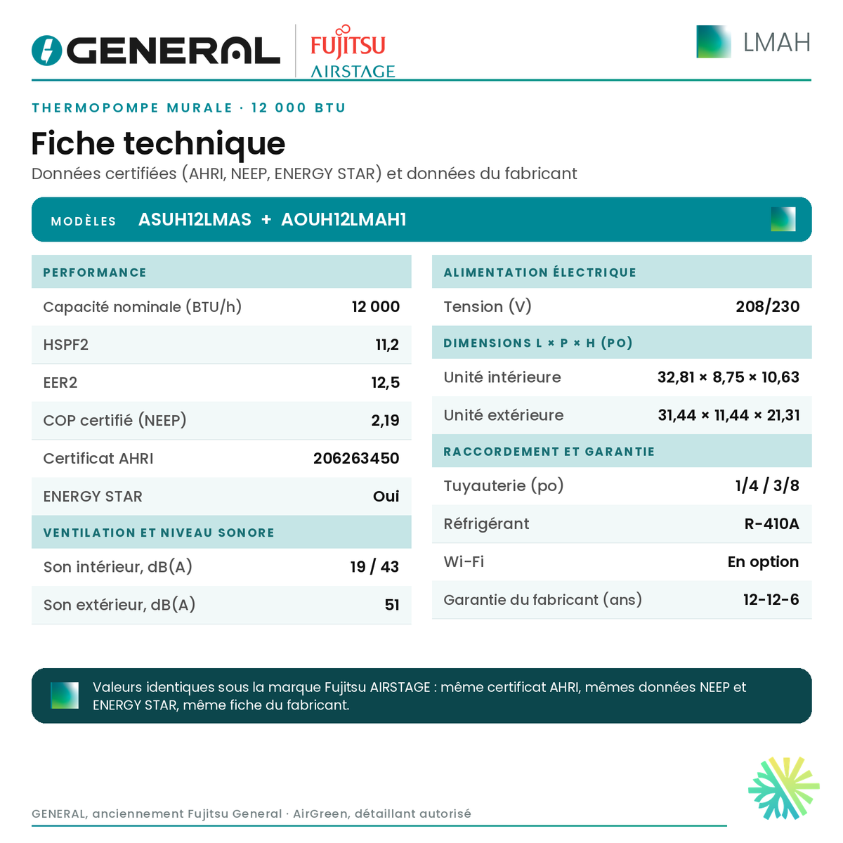 Thermopompe murale GENERAL AIRSTAGE LMAH 12 000 BTU – fiche technique | Montréal, Laval, Longueuil, Rive-Sud, Rive-Nord