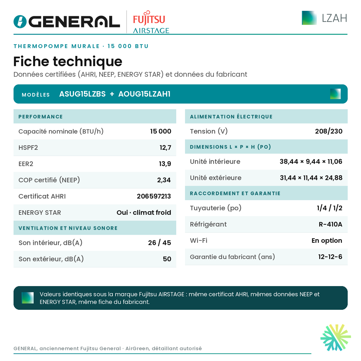 Thermopompe murale GENERAL AIRSTAGE LZAH 15 000 BTU – fiche technique | Montréal, Laval, Longueuil, Rive-Sud, Rive-Nord
