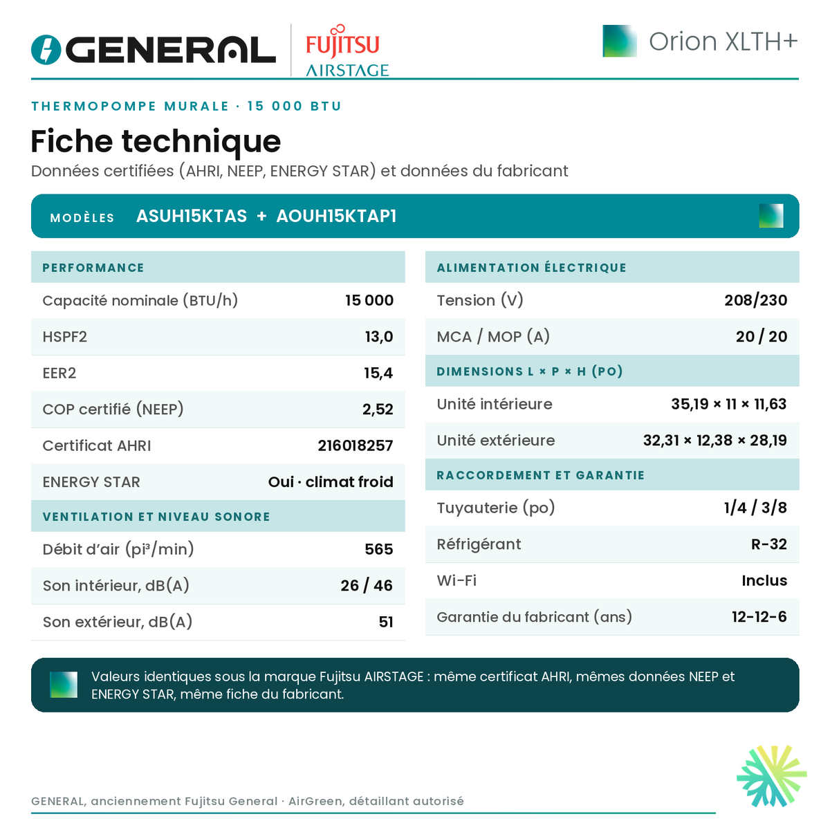 Thermopompe murale GENERAL AIRSTAGE ORION XLTH+ 15 000 BTU – fiche technique | Montréal, Laval, Longueuil, Rive-Sud, Rive-Nord