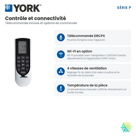 Telecommande et controle de la Thermopompe murale YORK Serie P 18 SEER 30000 BTU