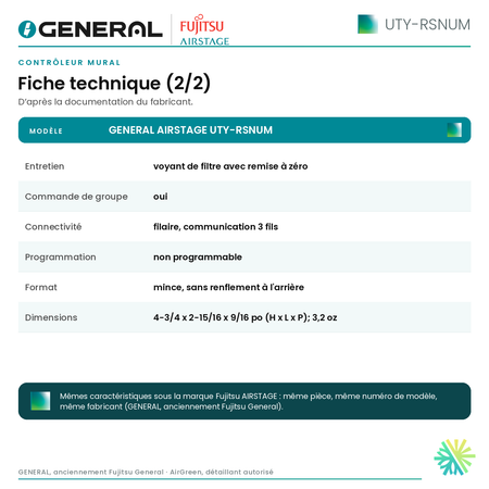 Contrôleur mural GENERAL AIRSTAGE UTY-RSNUM – fiche technique (2/2) | Montréal, Laval, Longueuil, Rive-Sud, Rive-Nord