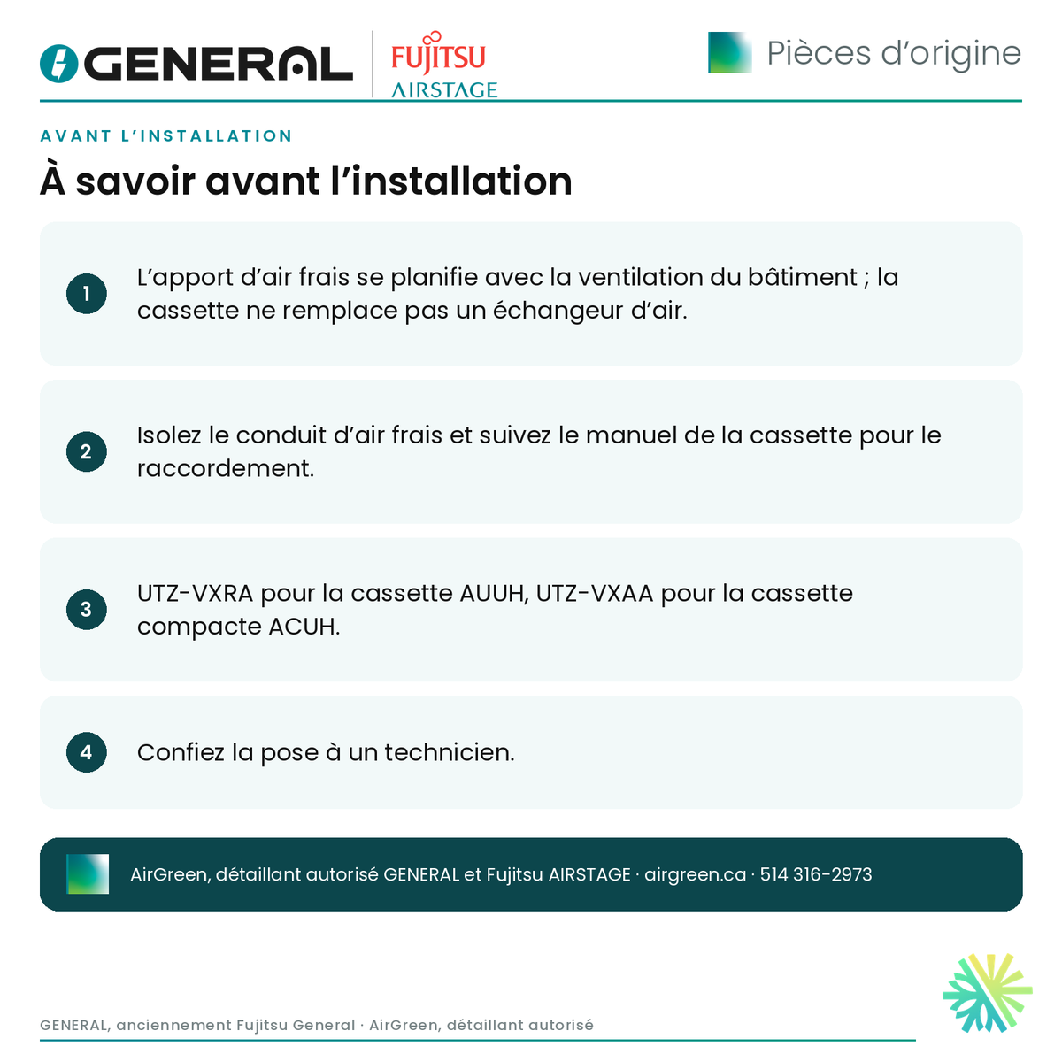 Ensemble d’entrée d’air frais GENERAL AIRSTAGE UTZ-VXRA pour cassette à flux circulaire – à savoir avant l’installation | Montréal, Laval, Longueuil, Rive-Sud, Rive-Nord
