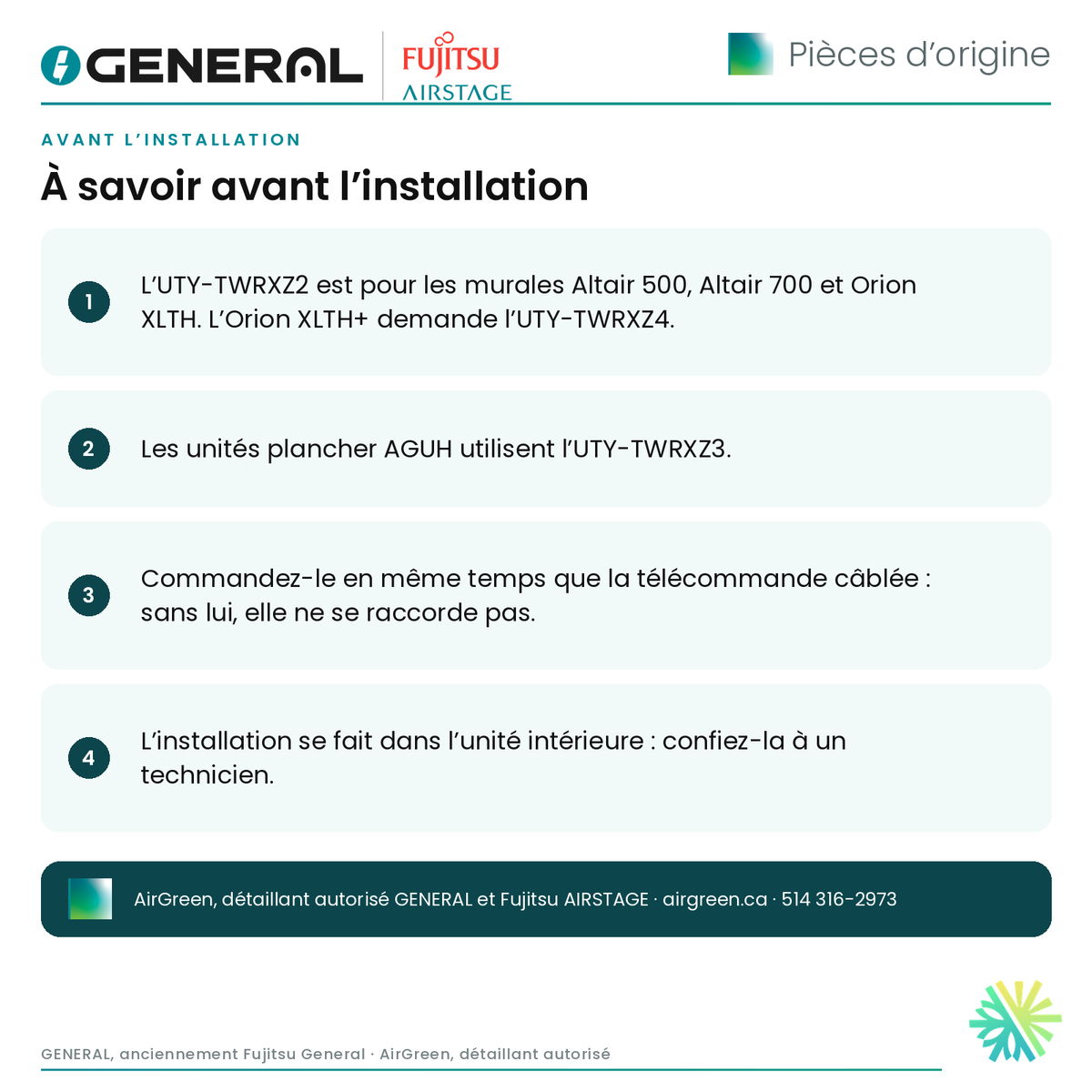 Ensemble de communication GENERAL AIRSTAGE UTY-TWRXZ2 pour unité murale – à savoir avant l’installation | Montréal, Laval, Longueuil, Rive-Sud, Rive-Nord