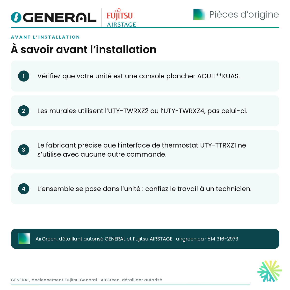 Ensemble de communication GENERAL AIRSTAGE UTY-TWRXZ3 pour unité plancher – à savoir avant l’installation | Montréal, Laval, Longueuil, Rive-Sud, Rive-Nord