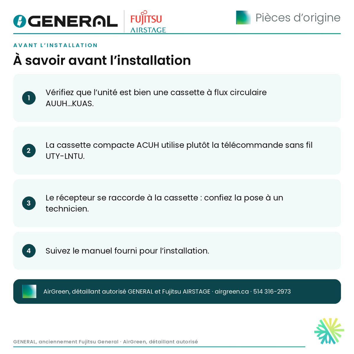 Ensemble récepteur IR avec télécommande sans fil (cassette à flux circulaire) GENERAL AIRSTAGE – UTY-LBTUC – à savoir avant l’installation | Montréal, Laval, Longueuil, Rive-Sud, Rive-Nord