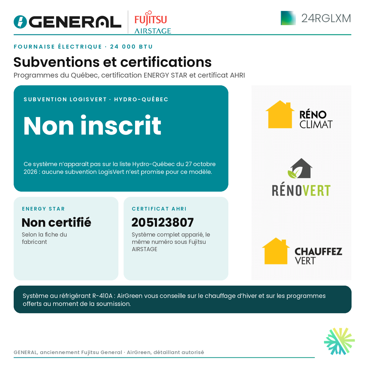 Fournaise électrique GENERAL AIRSTAGE 24RGLXM 24 000 BTU – subventions et certifications | Montréal, Laval, Longueuil, Rive-Sud, Rive-Nord