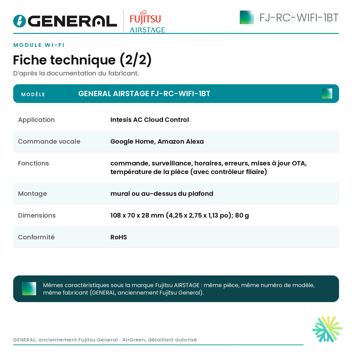 Module Wi-Fi GENERAL AIRSTAGE FJ-RC-WIFI-1BT – fiche technique (2/2) | Montréal, Laval, Longueuil, Rive-Sud, Rive-Nord