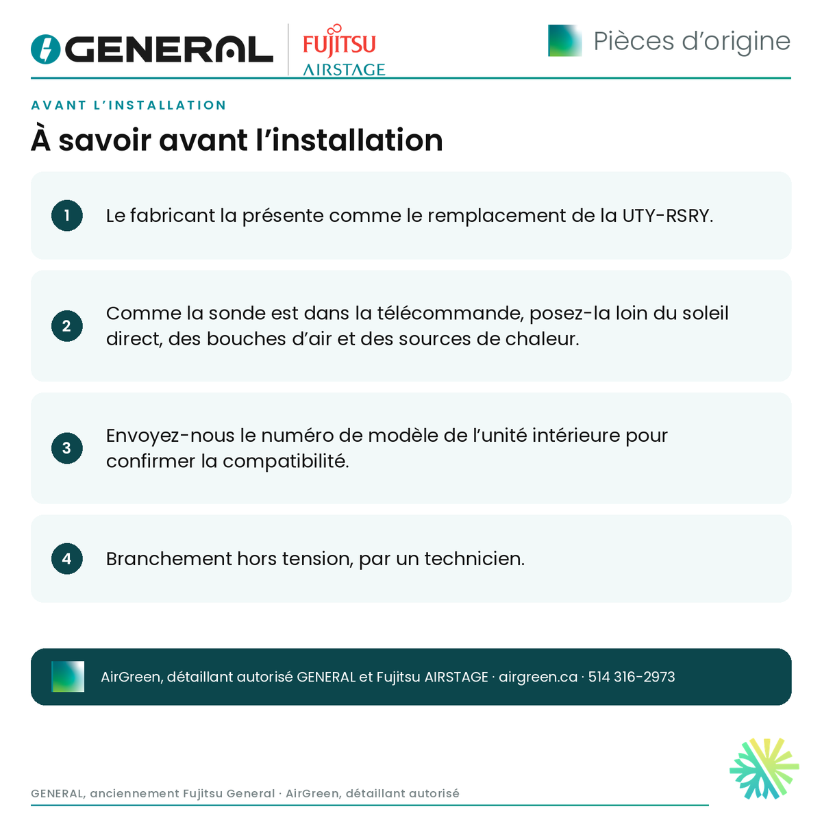 Télécommande câblée simple GENERAL AIRSTAGE avec alertes de fuite – UTY-RSRYZ1 – à savoir avant l’installation | Montréal, Laval, Longueuil, Rive-Sud, Rive-Nord