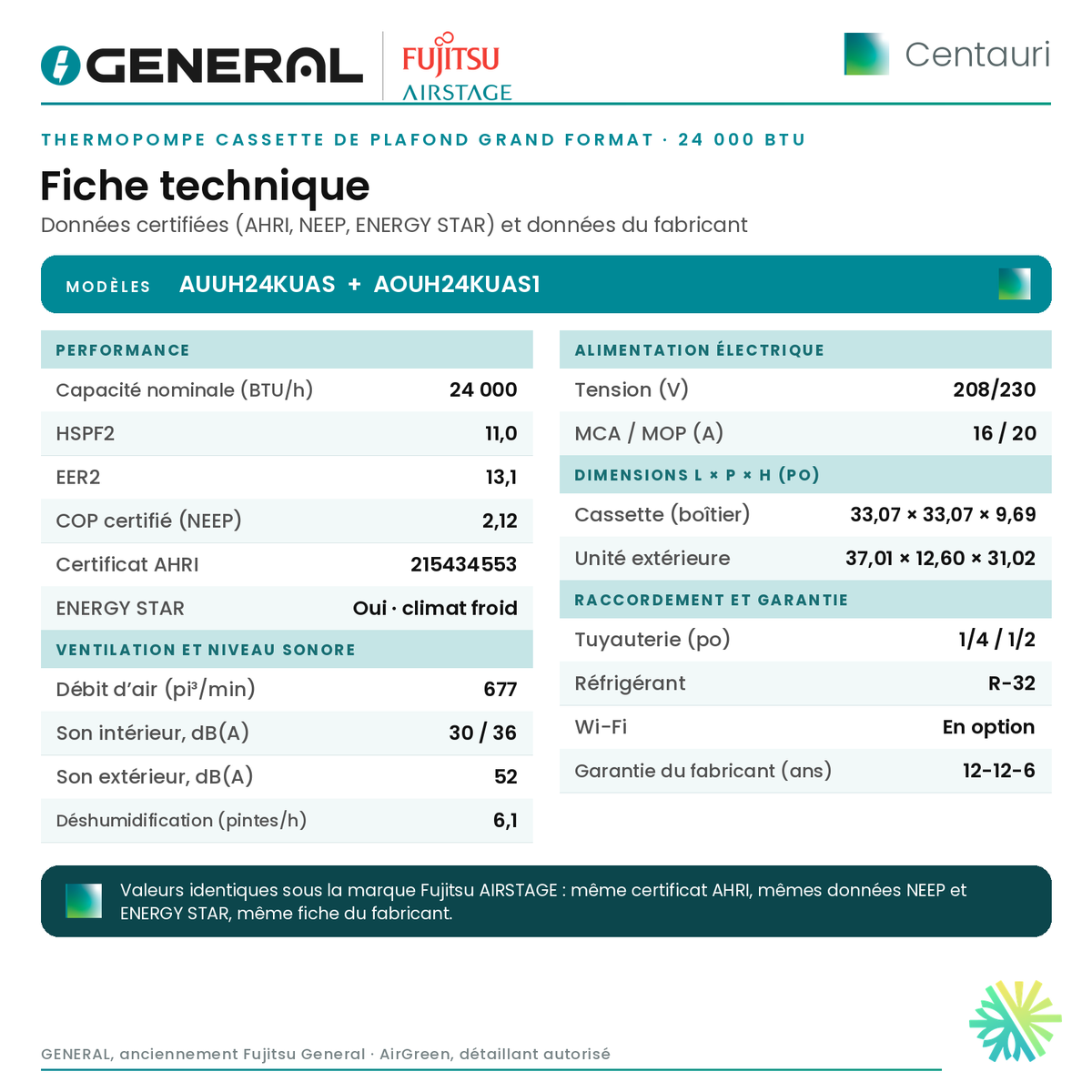 Thermopompe cassette de plafond grand format GENERAL AIRSTAGE Centauri 24 000 BTU – fiche technique | Montréal, Laval, Longueuil, Rive-Sud, Rive-Nord