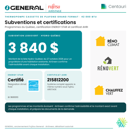 Thermopompe cassette de plafond grand format GENERAL AIRSTAGE Centauri 42 000 BTU – subventions et certifications | Montréal, Laval, Longueuil, Rive-Sud, Rive-Nord