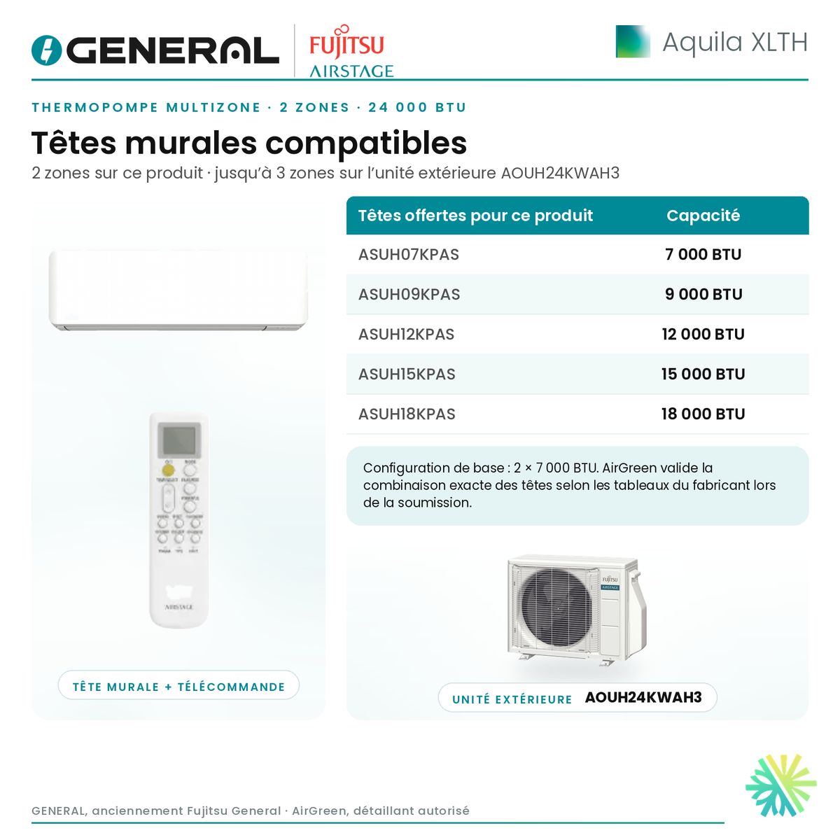 Thermopompe multizone GENERAL AIRSTAGE Aquila XLTH 2 zones 24 000 BTU – têtes murales compatibles | Montréal, Laval, Longueuil, Rive-Sud, Rive-Nord