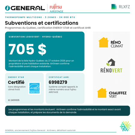 Thermopompe multizone GENERAL AIRSTAGE RLXFZ 3 zones 24 000 BTU – subventions et certifications | Montréal, Laval, Longueuil, Rive-Sud, Rive-Nord