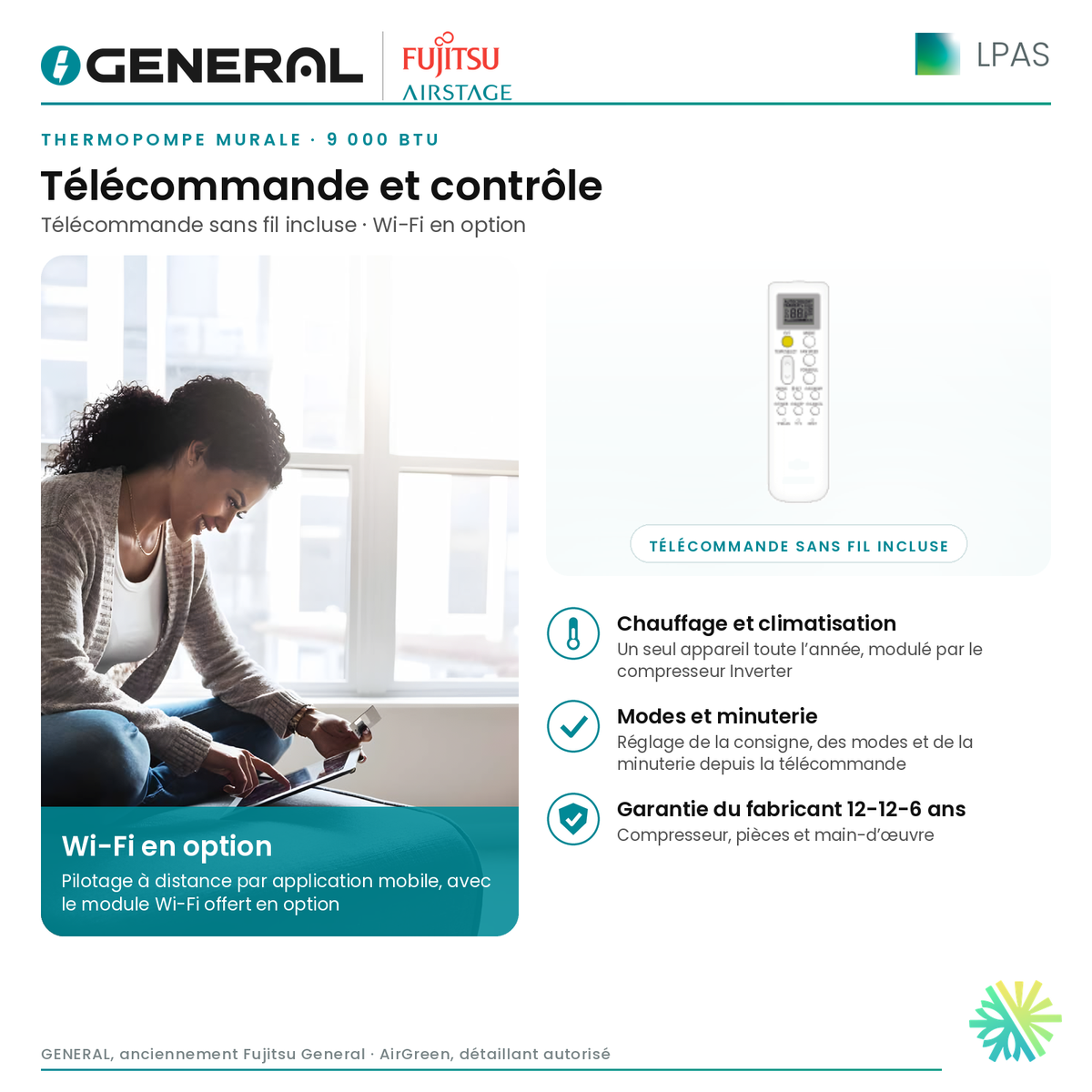Thermopompe murale GENERAL AIRSTAGE LPAS 9 000 BTU – télécommande et contrôle | Montréal, Laval, Longueuil, Rive-Sud, Rive-Nord