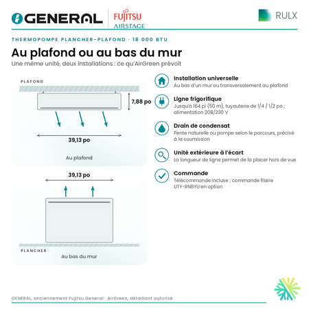 Thermopompe plancher-plafond GENERAL AIRSTAGE RULX 18 000 BTU – installation au plafond ou au bas du mur | Montréal, Laval, Longueuil, Rive-Sud, Rive-Nord