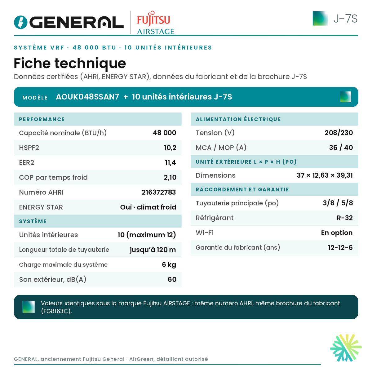 Système VRF GENERAL AIRSTAGE J-7S 48 000 BTU, 10 unités intérieures – fiche technique | Montréal, Laval, Longueuil, Rive-Sud, Rive-Nord