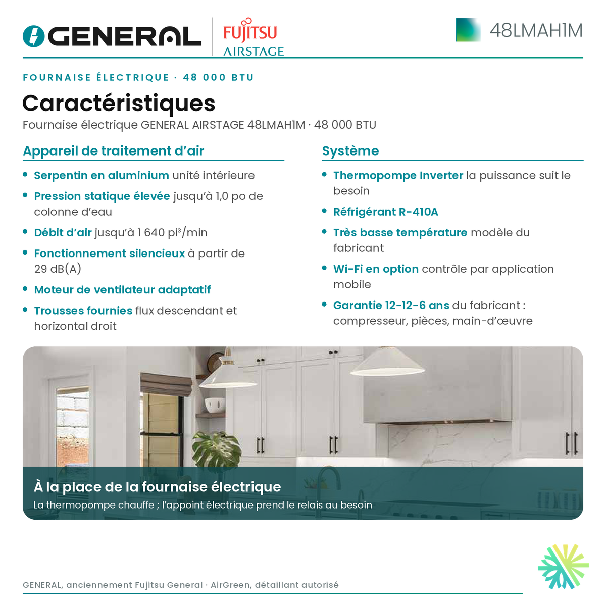 Fournaise électrique GENERAL AIRSTAGE 48LMAH1M 48 000 BTU – caractéristiques | Montréal, Laval, Longueuil, Rive-Sud, Rive-Nord