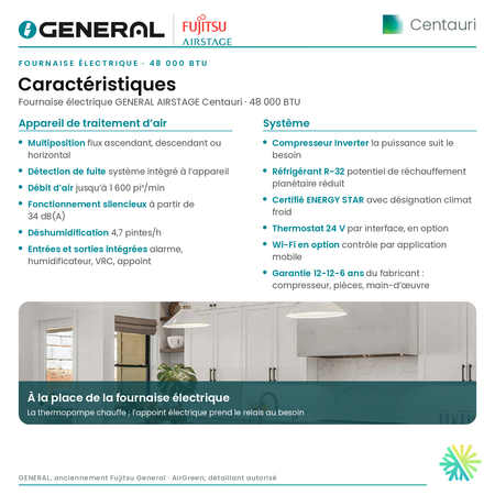 Fournaise électrique GENERAL AIRSTAGE Centauri 48 000 BTU – caractéristiques | Montréal, Laval, Longueuil, Rive-Sud, Rive-Nord