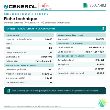 Thermopompe centrale GENERAL AIRSTAGE 30LUAH1M 30 000 BTU – fiche technique | Montréal, Laval, Longueuil, Rive-Sud, Rive-Nord