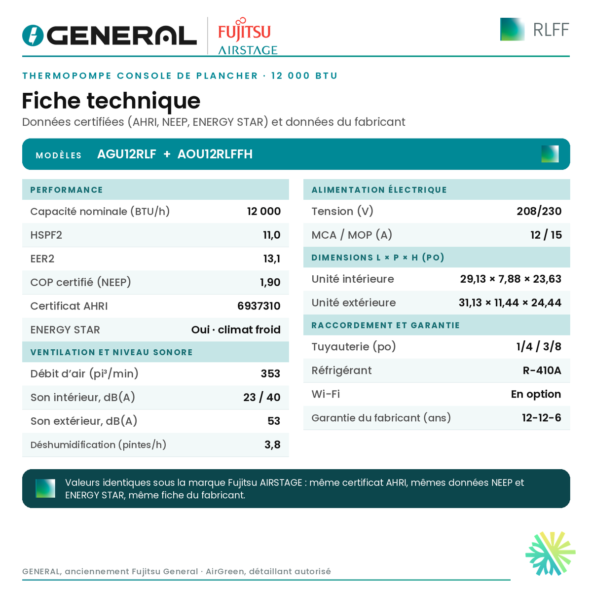 Thermopompe console de plancher GENERAL AIRSTAGE RLFF 12 000 BTU – fiche technique | Montréal, Laval, Longueuil, Rive-Sud, Rive-Nord