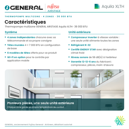 Thermopompe multizone GENERAL AIRSTAGE Aquila XLTH 4 zones 36 000 BTU – caractéristiques | Montréal, Laval, Longueuil, Rive-Sud, Rive-Nord
